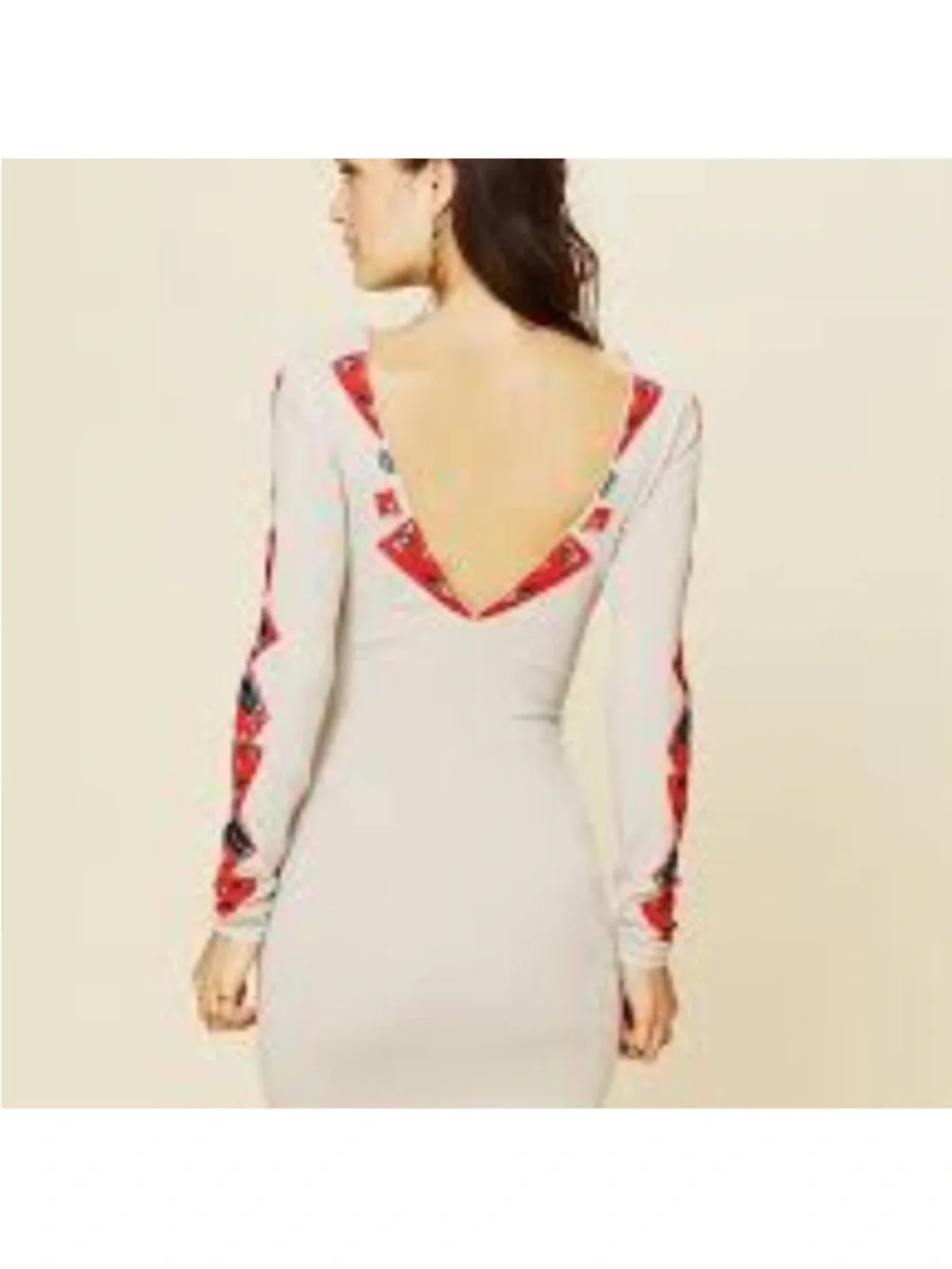 Free People Beige Long Sleeve Bodycon Dress with Red Geometric Motif - Picture 3 of 7